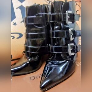 Patent Leather Black Buckle Ankle Boots